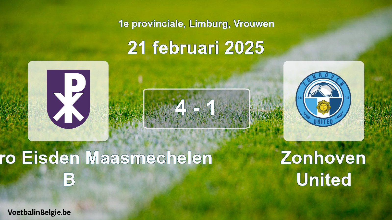 Gespeelde wedstrijd vrouwenvoetbal: Kon. Patro Eisden Maasmechelen B - Zonhoven United 4 - 1 (21 februari 2025)