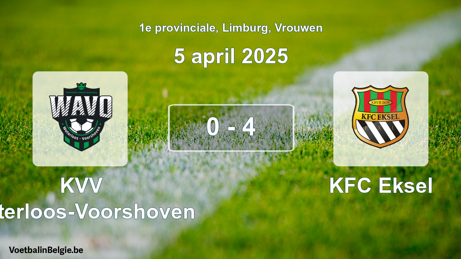 Gespeelde wedstrijd vrouwenvoetbal: KVV Waterloos-Voorshoven - KFC Eksel 0 - 4 (5 april 2025)