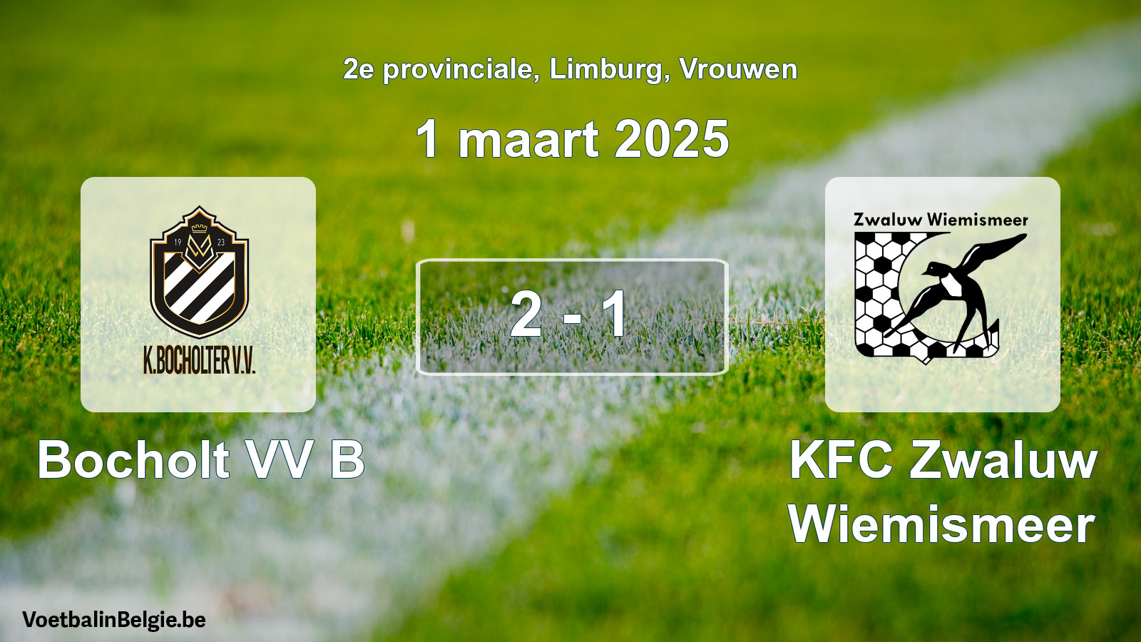 Gespeelde wedstrijd vrouwenvoetbal: Bocholt VV B - KFC Zwaluw Wiemismeer 2 - 1 (1 maart 2025)