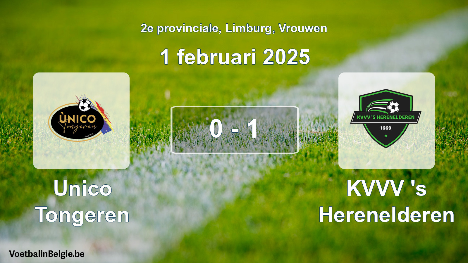 Gespeelde wedstrijd vrouwenvoetbal: Unico Tongeren - KVVV 's Herenelderen 0 - 1 (1 februari 2025)