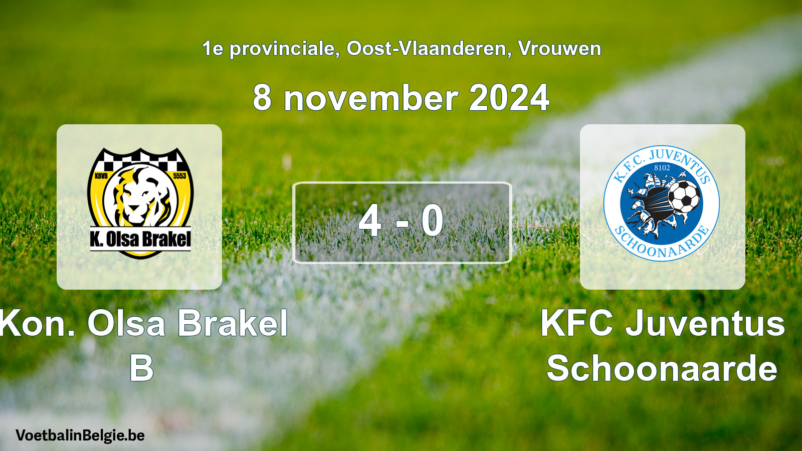 Gespeelde wedstrijd vrouwenvoetbal: Kon. Olsa Brakel B - KFC Juventus Schoonaarde 4 - 0 (8 november 2024)