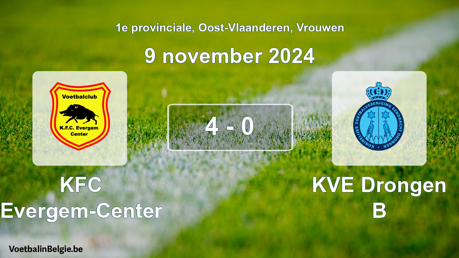 Gespeelde wedstrijd vrouwenvoetbal: KFC Evergem-Center - KVE Drongen B 4 - 0 (9 november 2024)