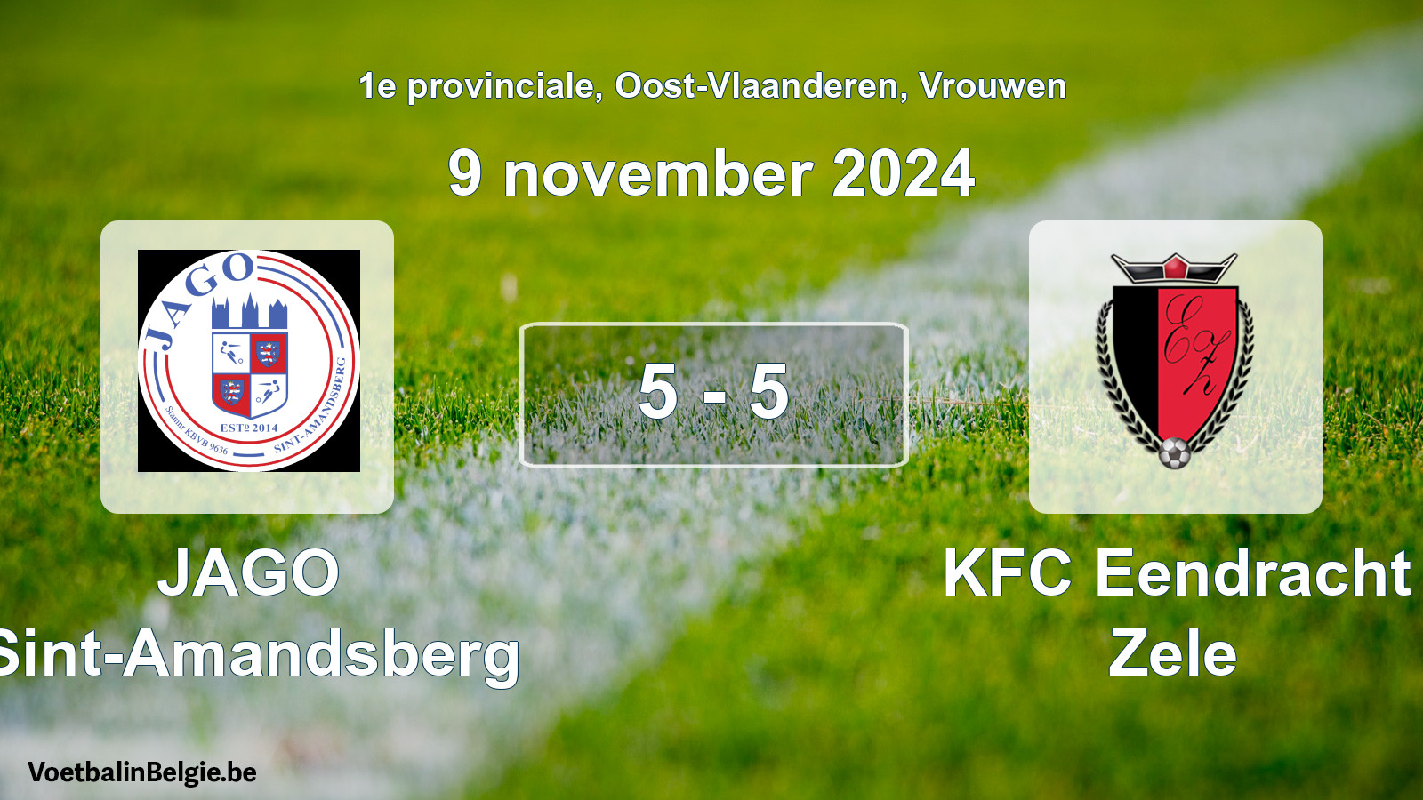 Gespeelde wedstrijd vrouwenvoetbal: JAGO Sint-Amandsberg - KFC Eendracht Zele 5 - 5 (9 november 2024)