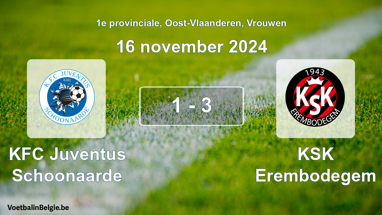 Gespeelde wedstrijd vrouwenvoetbal: KFC Juventus Schoonaarde - KSK Erembodegem 1 - 3 (16 november 2024)