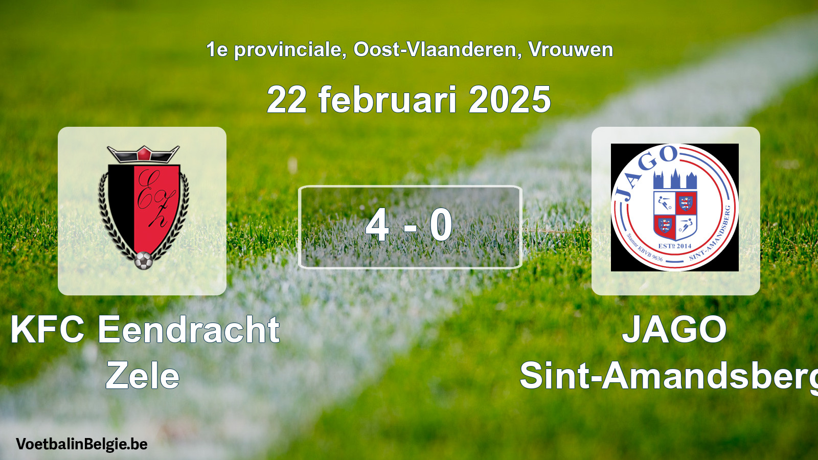 Gespeelde wedstrijd vrouwenvoetbal: KFC Eendracht Zele - JAGO Sint-Amandsberg 4 - 0 (22 februari 2025)
