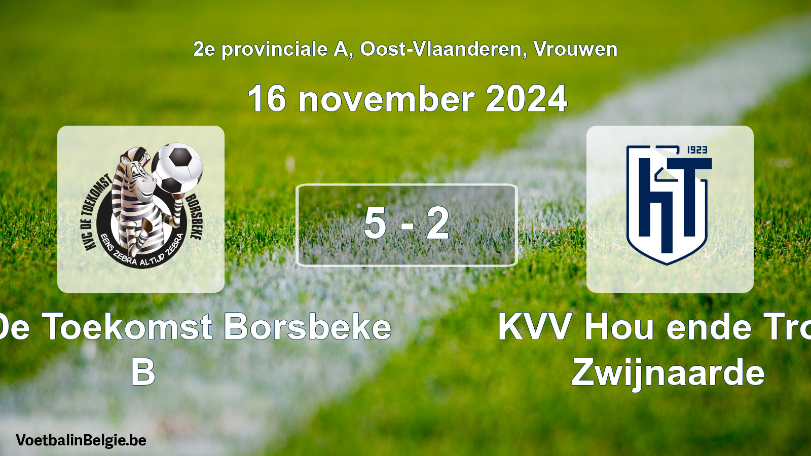 Gespeelde wedstrijd vrouwenvoetbal: KVC De Toekomst Borsbeke B - KVV Hou ende Trou Zwijnaarde 5 - 2 (16 november 2024)
