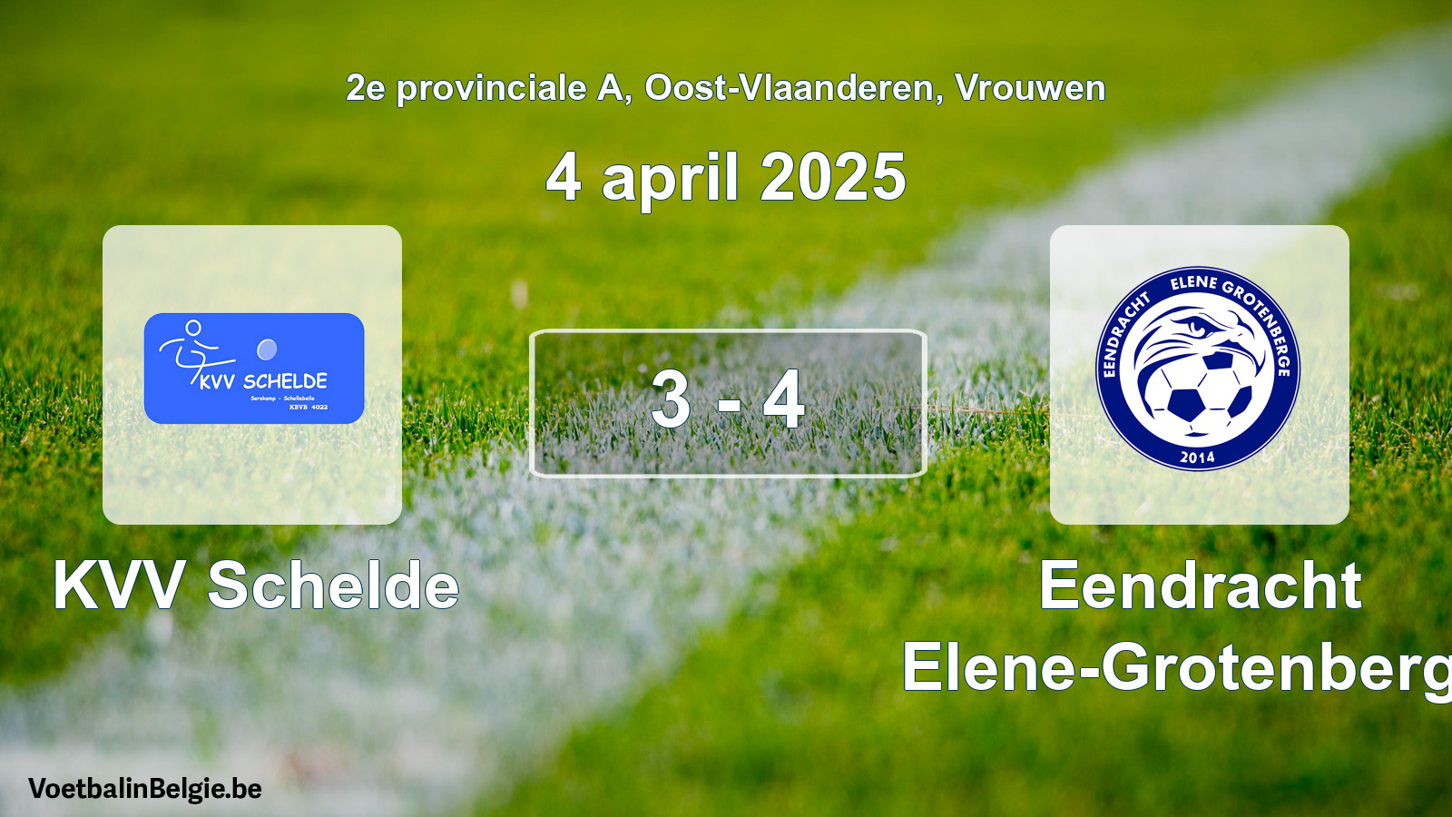 Gespeelde wedstrijd vrouwenvoetbal: KVV Schelde - Eendracht Elene-Grotenberge 3 - 4 (4 april 2025)