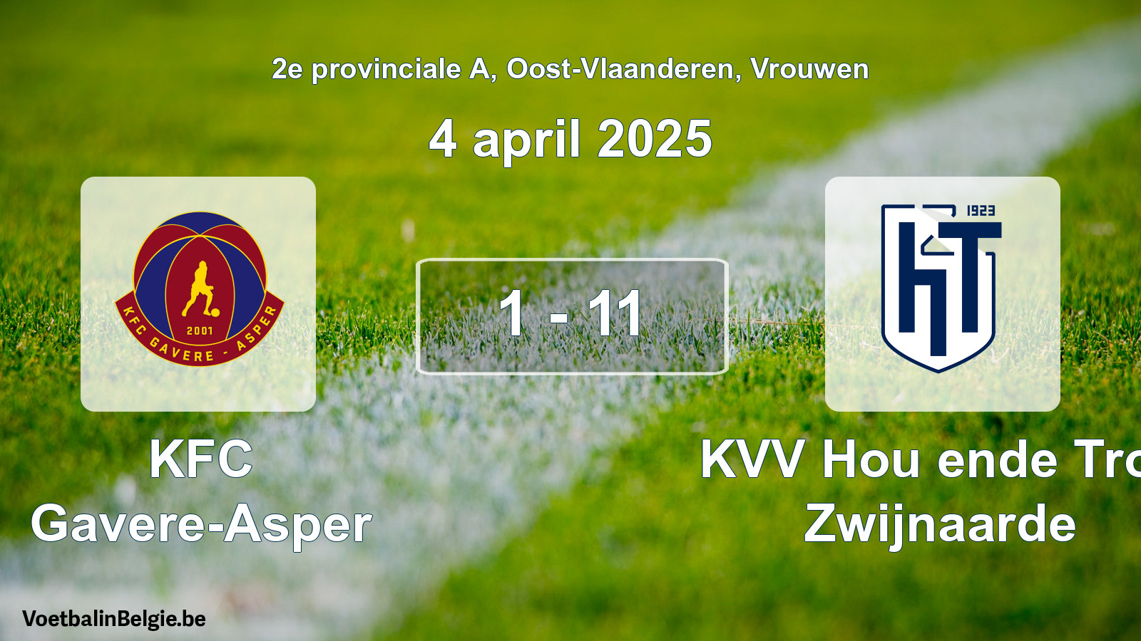 Gespeelde wedstrijd vrouwenvoetbal: KFC Gavere-Asper - KVV Hou ende Trou Zwijnaarde 1 - 11 (4 april 2025)