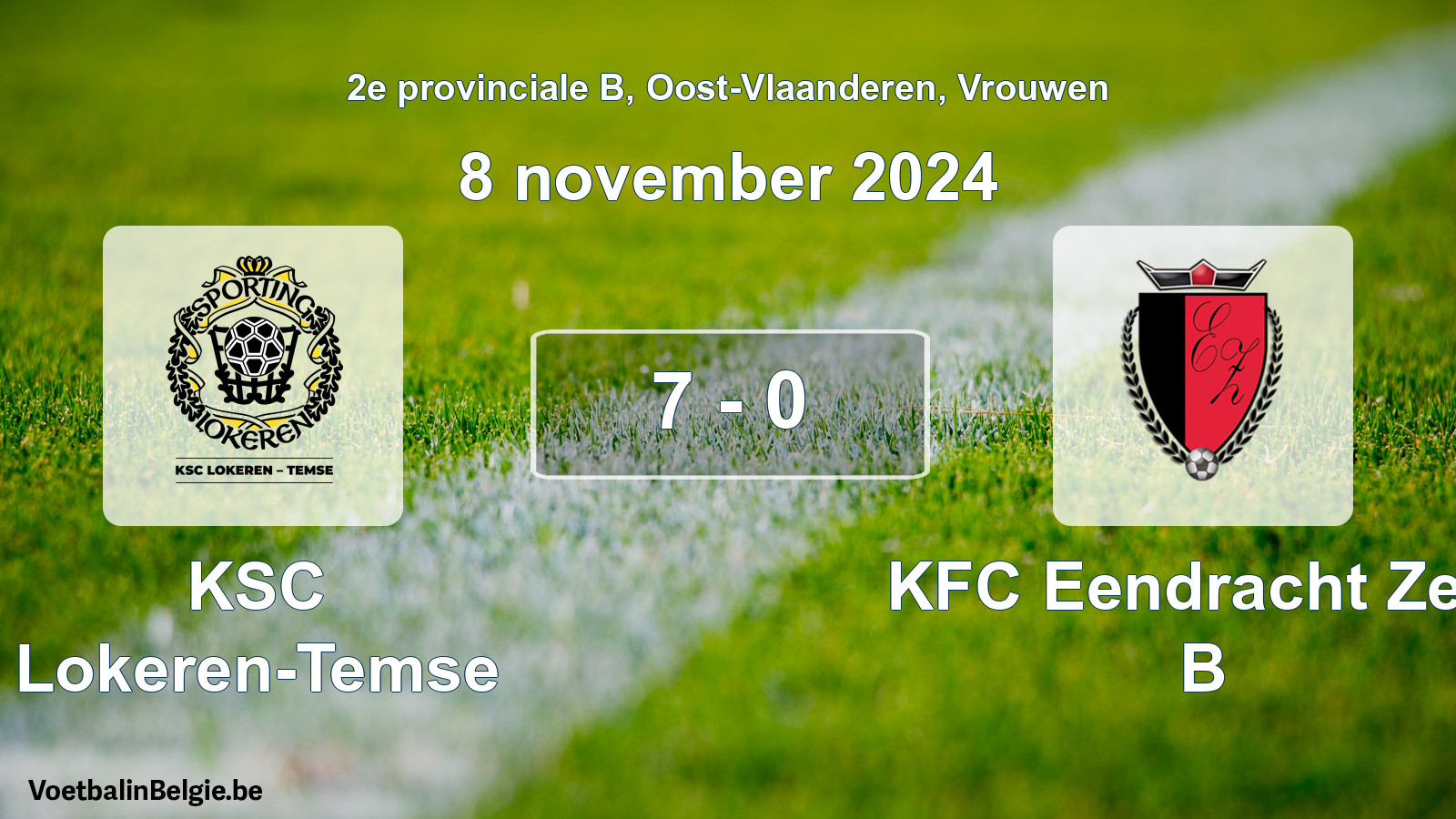 Gespeelde wedstrijd vrouwenvoetbal: KSC Lokeren-Temse - KFC Eendracht Zele B 7 - 0 (8 november 2024)