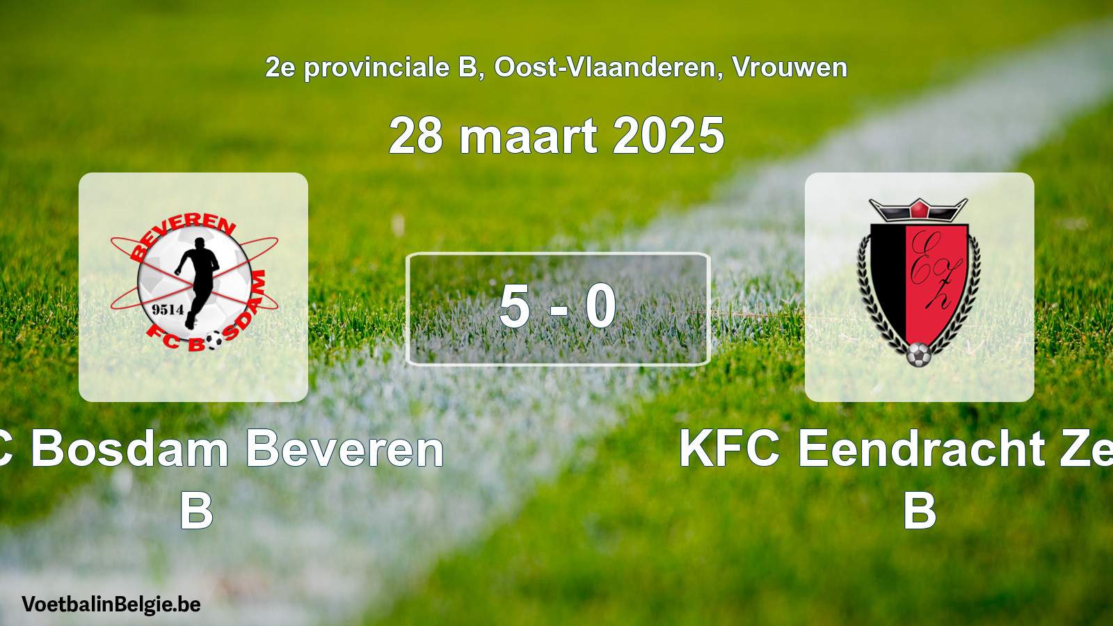 Gespeelde wedstrijd vrouwenvoetbal: FC Bosdam Beveren B - KFC Eendracht Zele B 5 - 0 (28 maart 2025)
