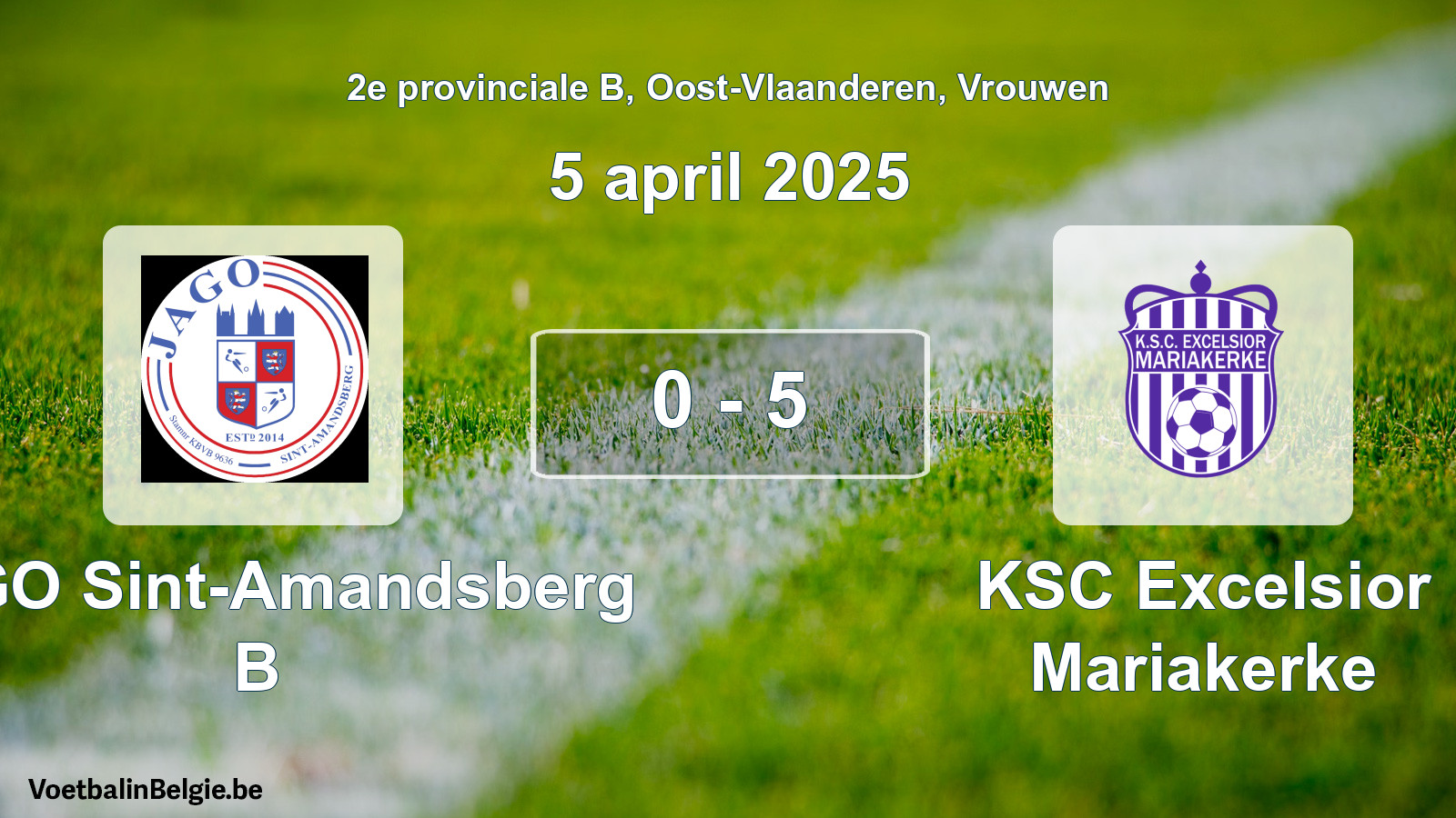 Gespeelde wedstrijd vrouwenvoetbal: JAGO Sint-Amandsberg B - KSC Excelsior Mariakerke 0 - 5 (5 april 2025)