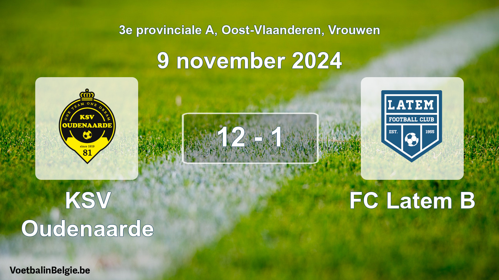 Gespeelde wedstrijd vrouwenvoetbal: KSV Oudenaarde - FC Latem B 12 - 1 (9 november 2024)
