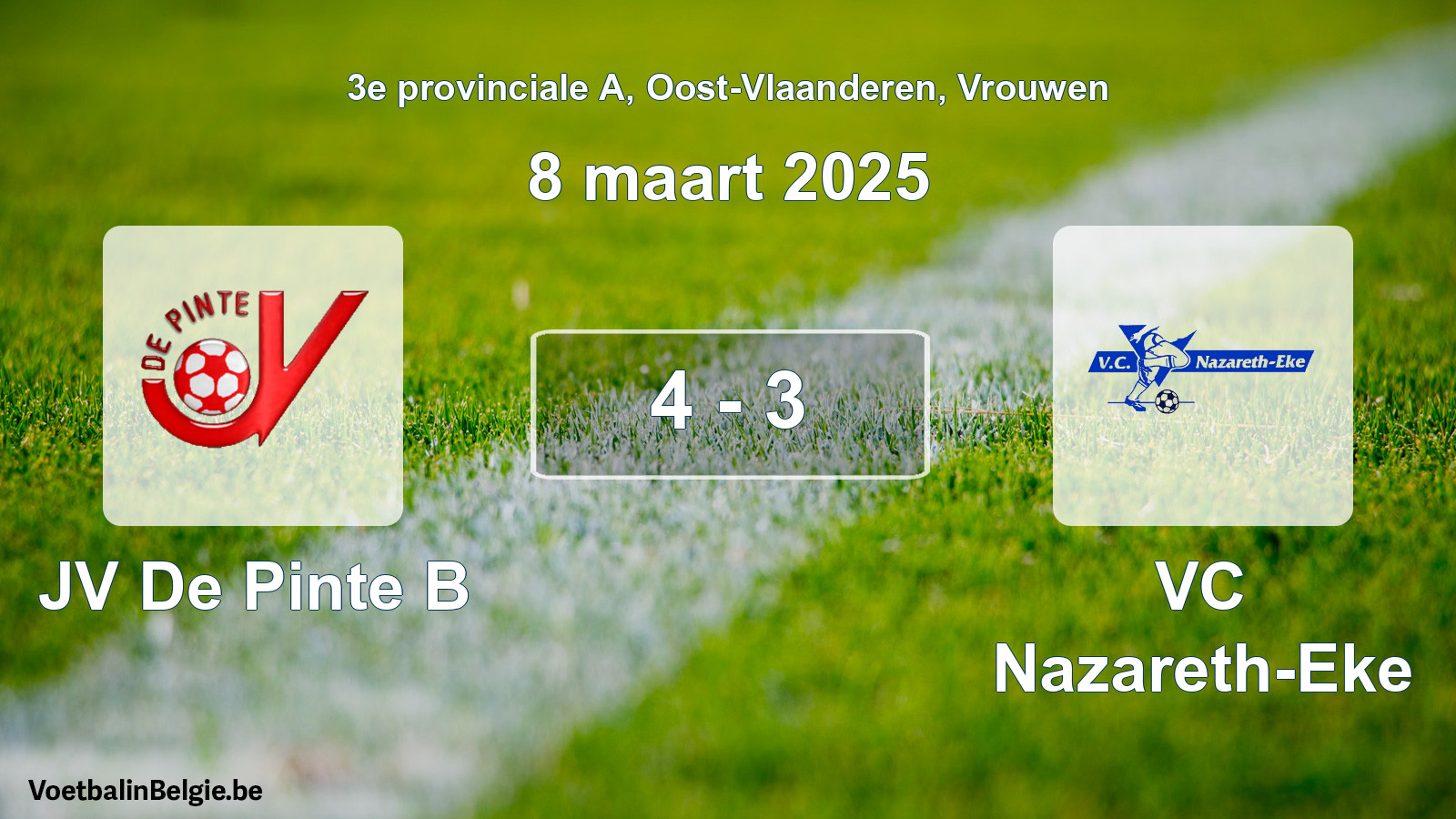 Gespeelde wedstrijd vrouwenvoetbal: JV De Pinte B - VC Nazareth-Eke 4 - 3 (8 maart 2025)