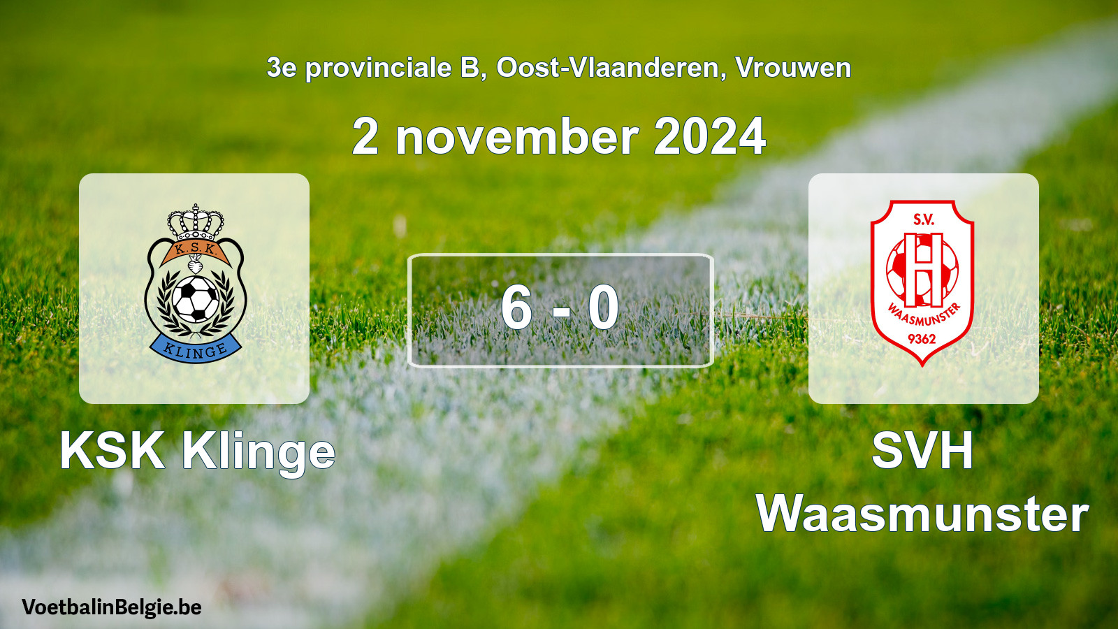 Gespeelde wedstrijd vrouwenvoetbal: KSK Klinge - SVH Waasmunster 6 - 0 (2 november 2024)
