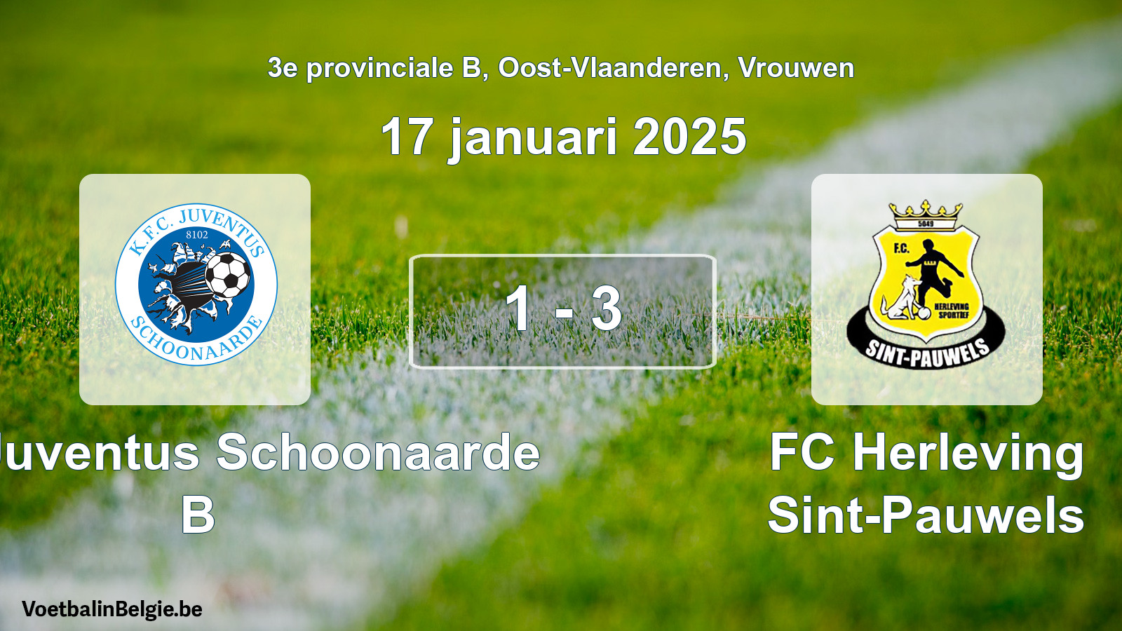 Gespeelde wedstrijd vrouwenvoetbal: KFC Juventus Schoonaarde B - FC Herleving Sint-Pauwels 1 - 3 (17 januari 2025)