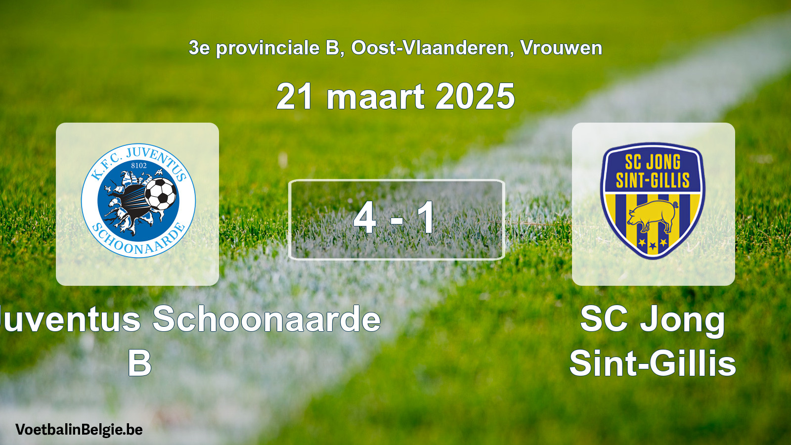 Played match women football: KFC Juventus Schoonaarde B - SC Jong Sint-Gillis 4 - 1 (21 March 2025)
