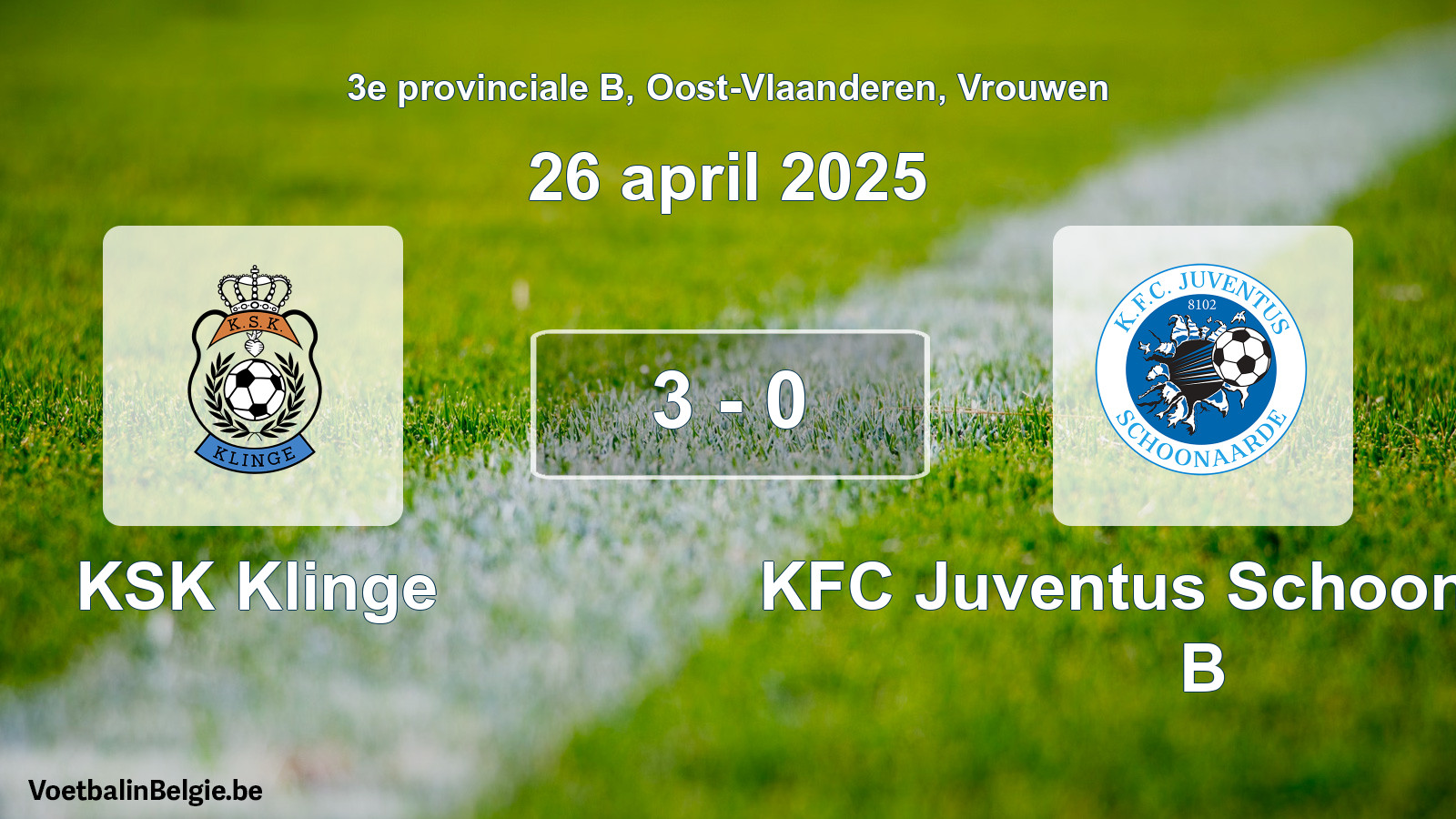 Gespeelde wedstrijd vrouwenvoetbal: KSK Klinge - KFC Juventus Schoonaarde B 3 - 0 (26 april 2025)