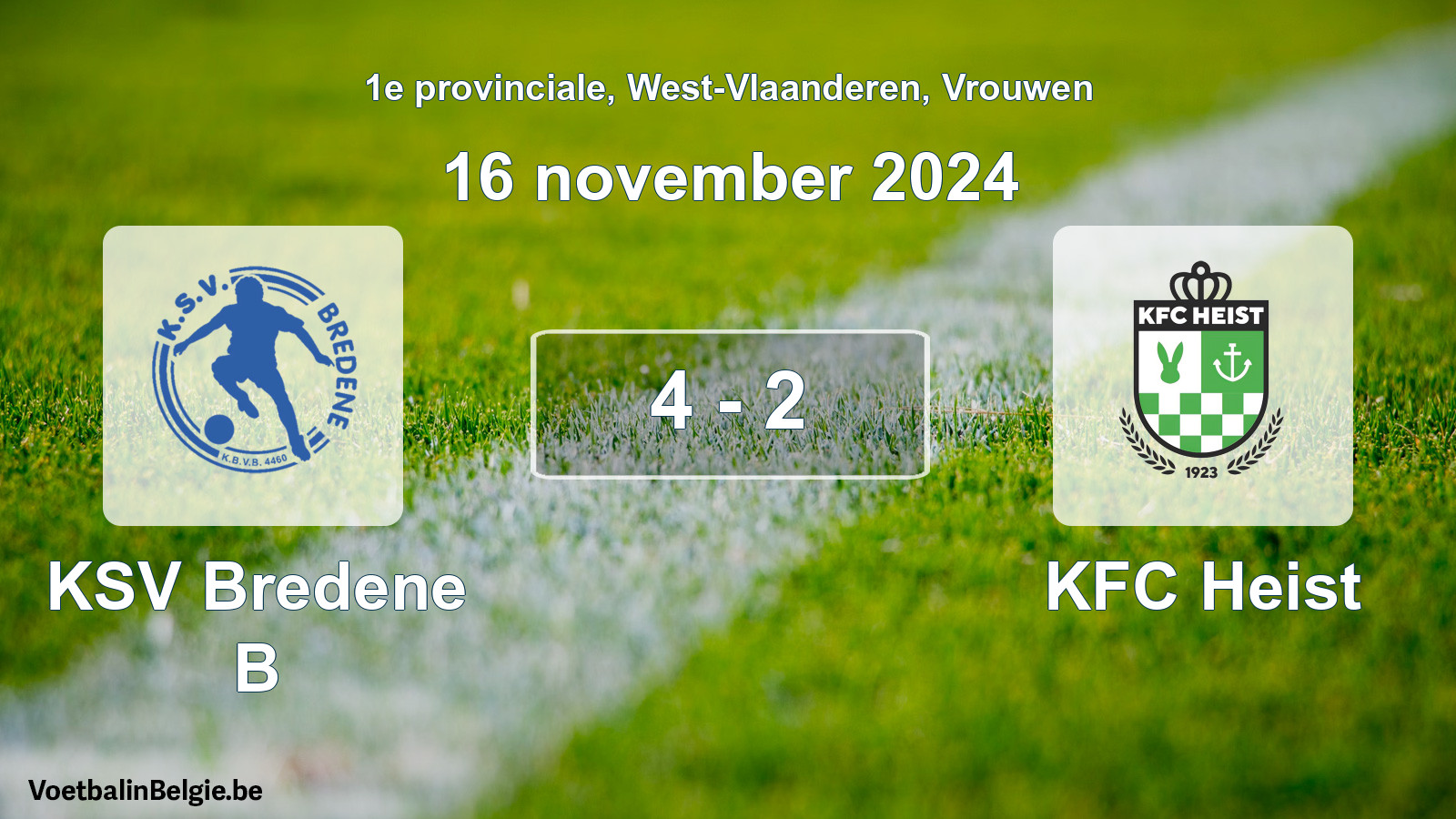 Gespeelde wedstrijd vrouwenvoetbal: KSV Bredene B - KFC Heist 4 - 2 (16 november 2024)