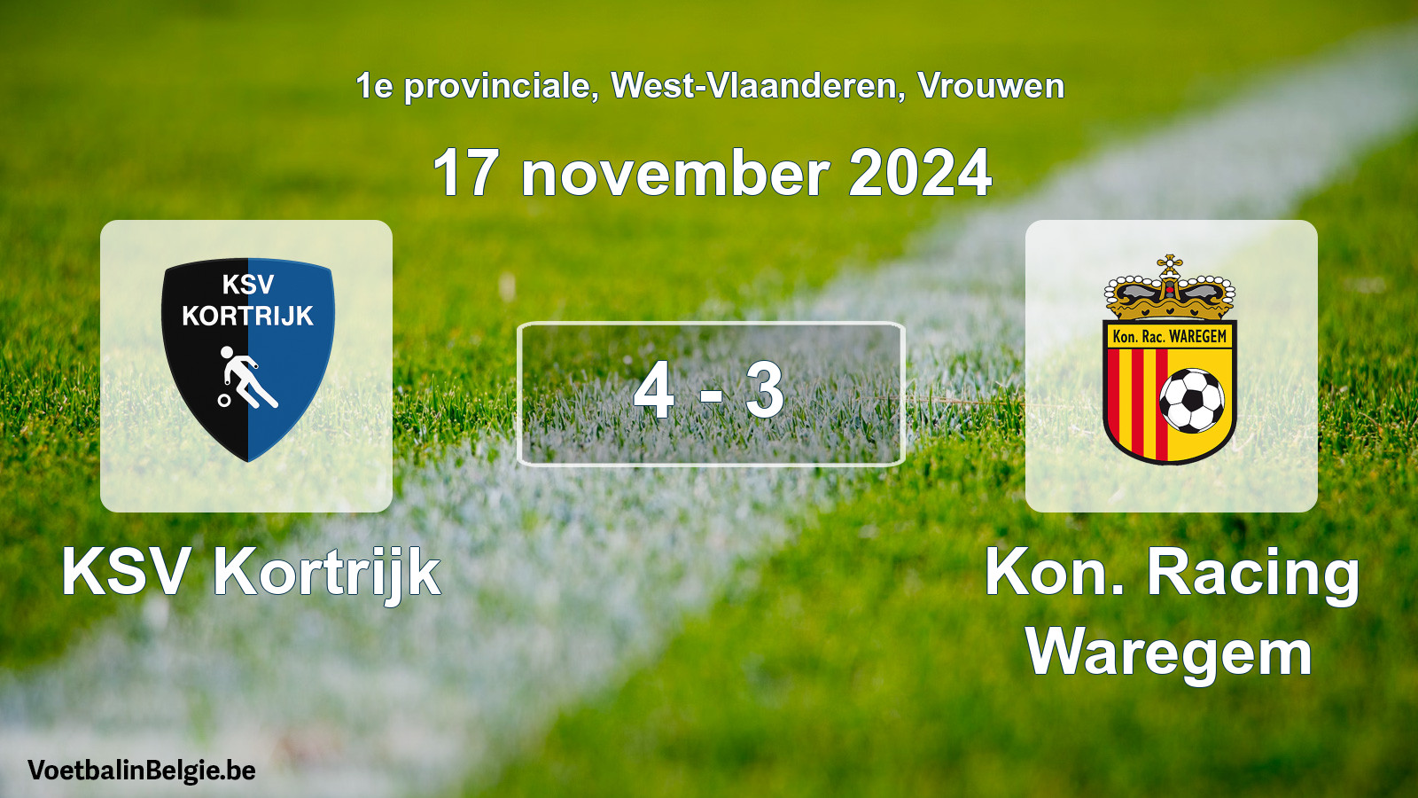 Gespeelde wedstrijd vrouwenvoetbal: KSV Kortrijk - Kon. Racing Waregem 4 - 3 (17 november 2024)