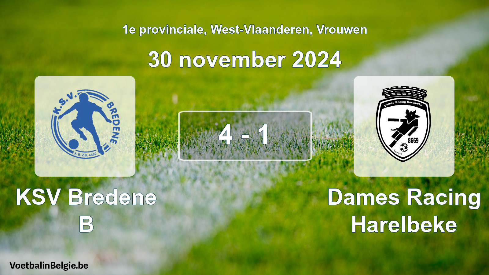 Gespieltes Spiel frauen-Fußball: KSV Bredene B - Dames Racing Harelbeke 4 - 1 (30 November 2024)