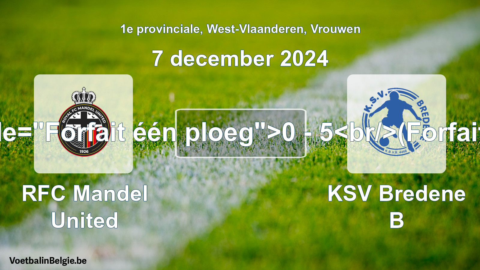 Forfait gegeven: RFC Mandel United - KSV Bredene B 0 - 5 (7 december 2024)