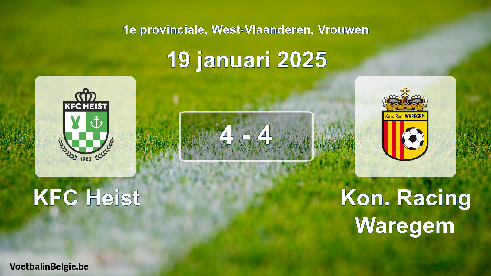 Gespeelde wedstrijd vrouwenvoetbal: KFC Heist - Kon. Racing Waregem 4 - 4 (19 januari 2025)