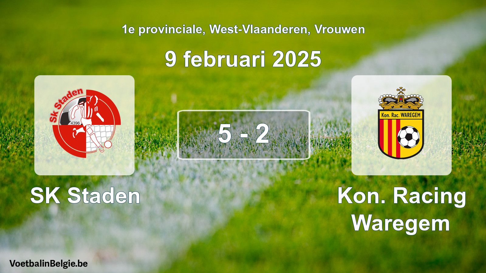 Gespeelde wedstrijd vrouwenvoetbal: SK Staden - Kon. Racing Waregem 5 - 2 (9 februari 2025)