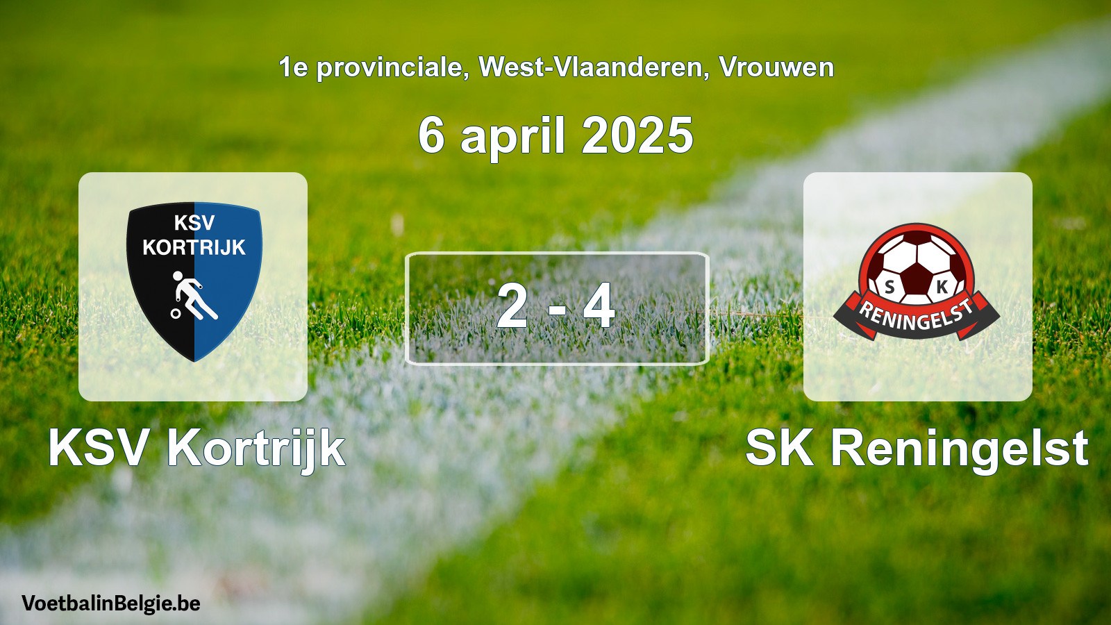 Gespeelde wedstrijd vrouwenvoetbal: KSV Kortrijk - SK Reningelst 2 - 4 (6 april 2025)