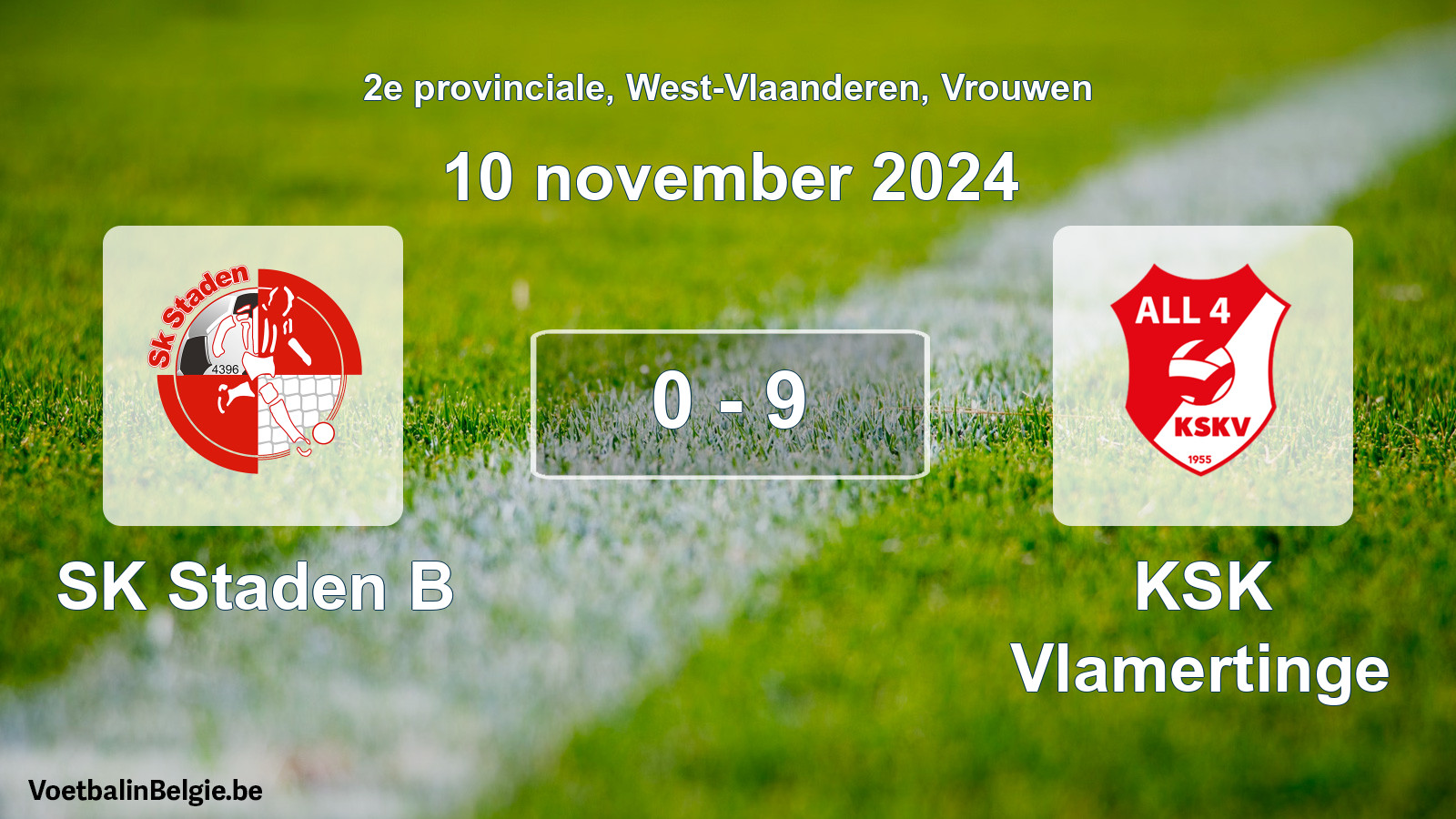 Gespeelde wedstrijd vrouwenvoetbal: SK Staden B - KSK Vlamertinge 0 - 9 (10 november 2024)