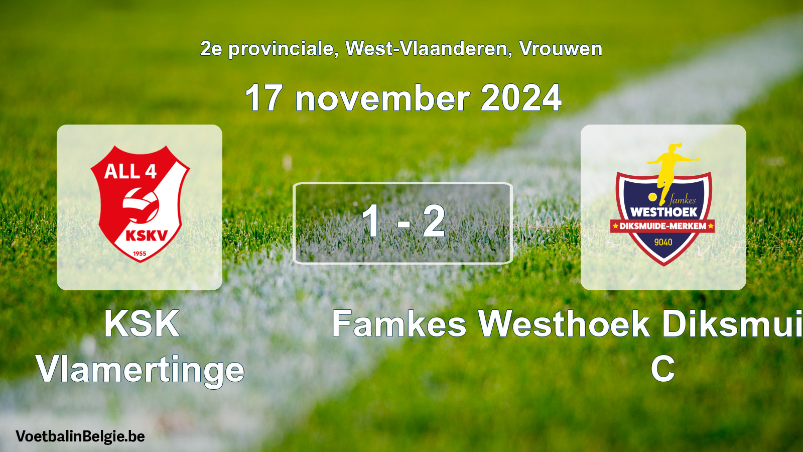Gespeelde wedstrijd vrouwenvoetbal: KSK Vlamertinge - Famkes Westhoek Diksmuide Merkem C 1 - 2 (17 november 2024)