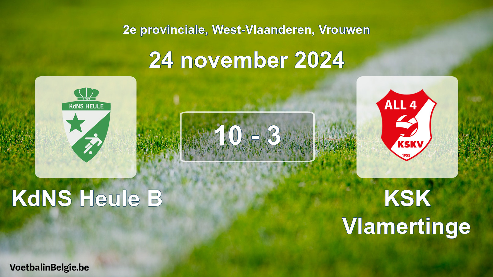 Gespeelde wedstrijd vrouwenvoetbal: KdNS Heule B - KSK Vlamertinge 10 - 3 (24 november 2024)