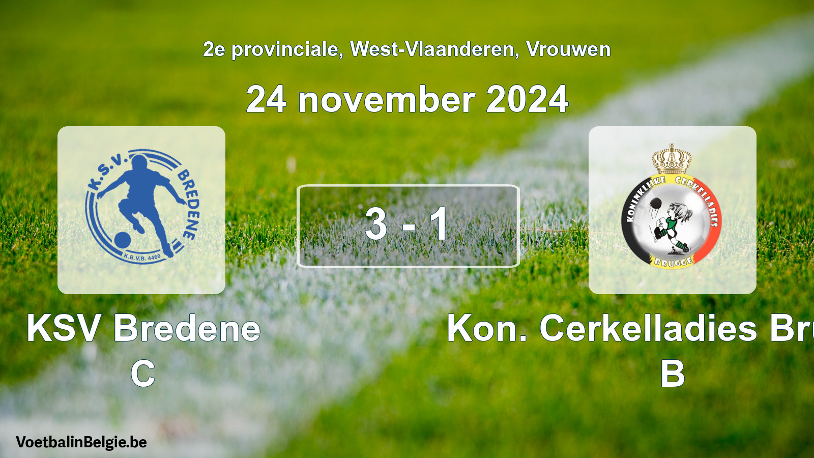 Gespeelde wedstrijd vrouwenvoetbal: KSV Bredene C - Kon. Cerkelladies Brugge B 3 - 1 (24 november 2024)