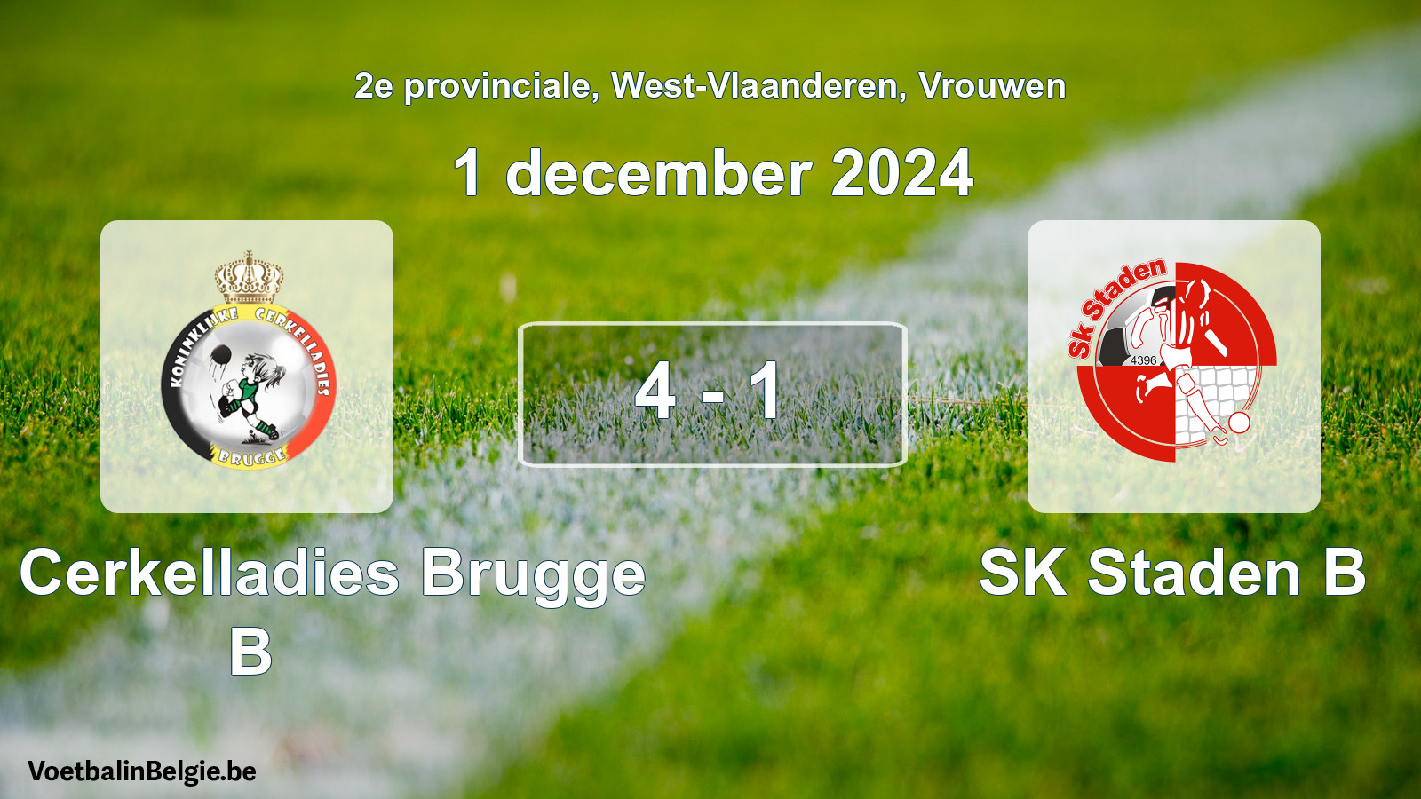 Gespeelde wedstrijd vrouwenvoetbal: Kon. Cerkelladies Brugge B - SK Staden B 4 - 1 (1 december 2024)