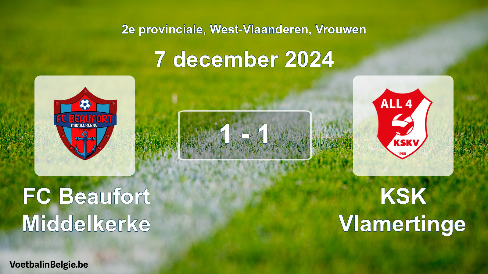 Gespeelde wedstrijd vrouwenvoetbal: FC Beaufort Middelkerke - KSK Vlamertinge 1 - 1 (7 december 2024)