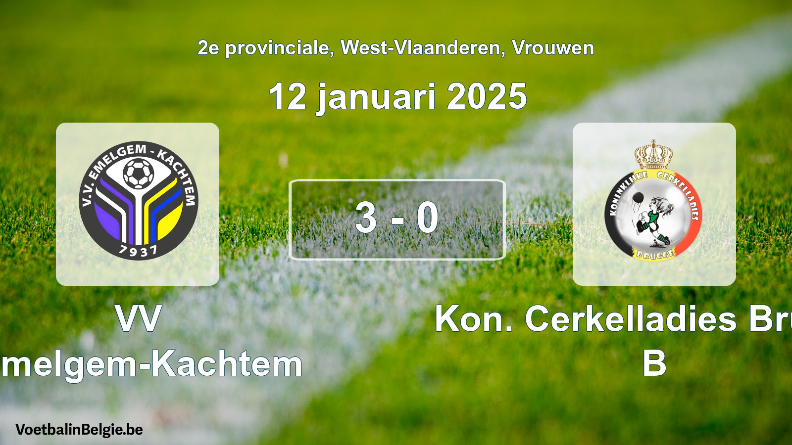 Gespeelde wedstrijd vrouwenvoetbal: VV Emelgem-Kachtem - Kon. Cerkelladies Brugge B 3 - 0 (12 januari 2025)