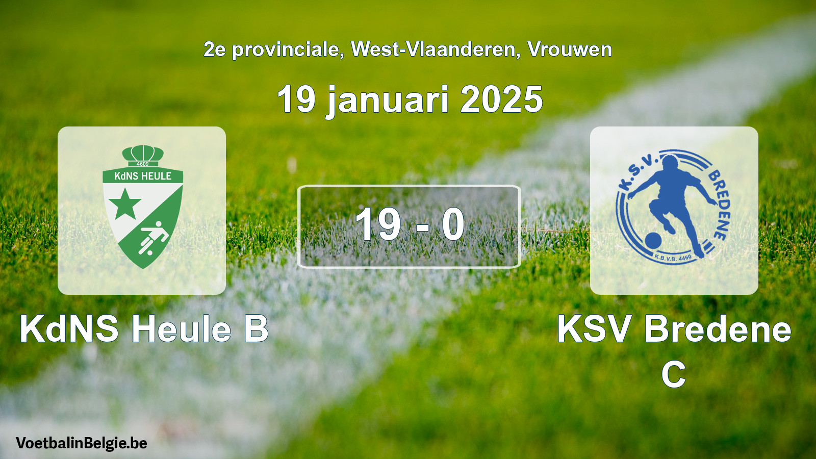 Gespeelde wedstrijd vrouwenvoetbal: KdNS Heule B - KSV Bredene C 19 - 0 (19 januari 2025)