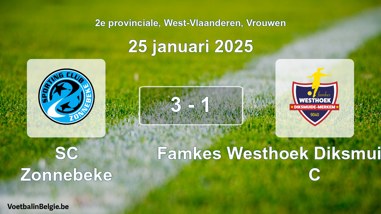 Gespeelde wedstrijd vrouwenvoetbal: SC Zonnebeke - Famkes Westhoek Diksmuide Merkem C 3 - 1 (25 januari 2025)