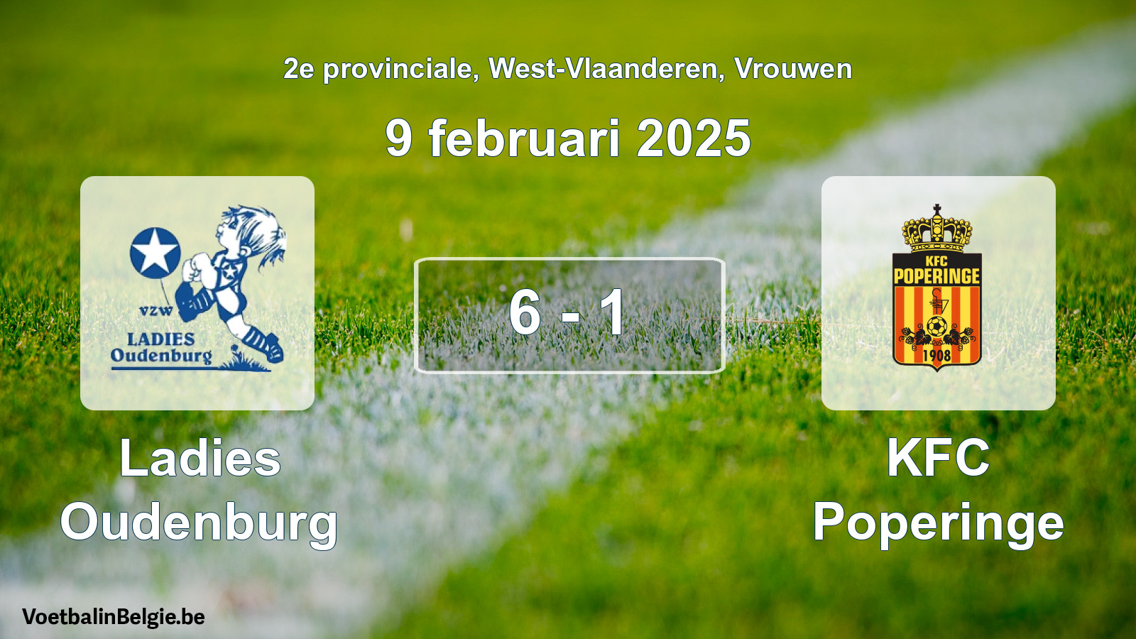Gespeelde wedstrijd vrouwenvoetbal: Ladies Oudenburg - KFC Poperinge 6 - 1 (9 februari 2025)