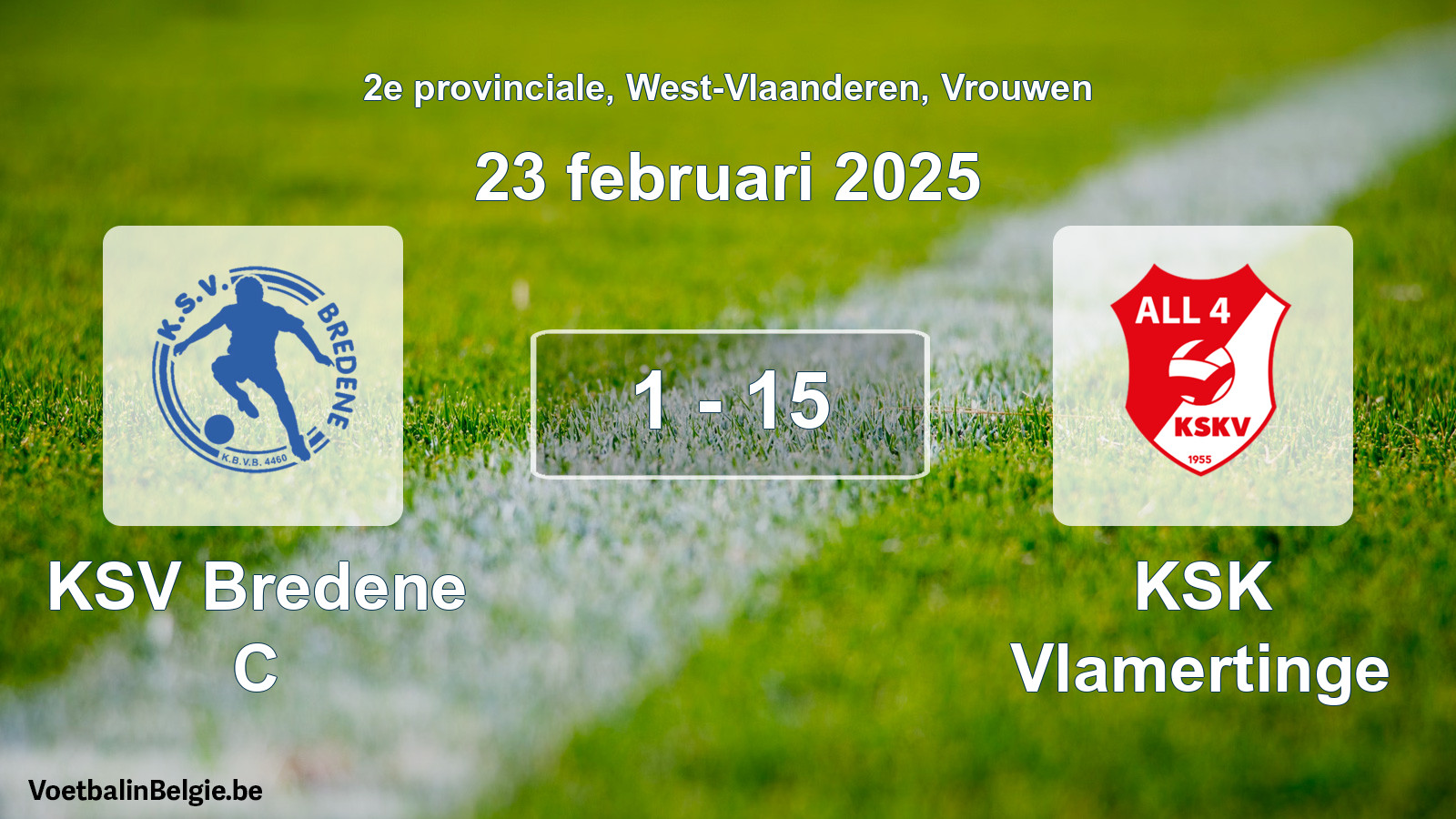 Gespeelde wedstrijd vrouwenvoetbal: KSV Bredene C - KSK Vlamertinge 1 - 15 (23 februari 2025)
