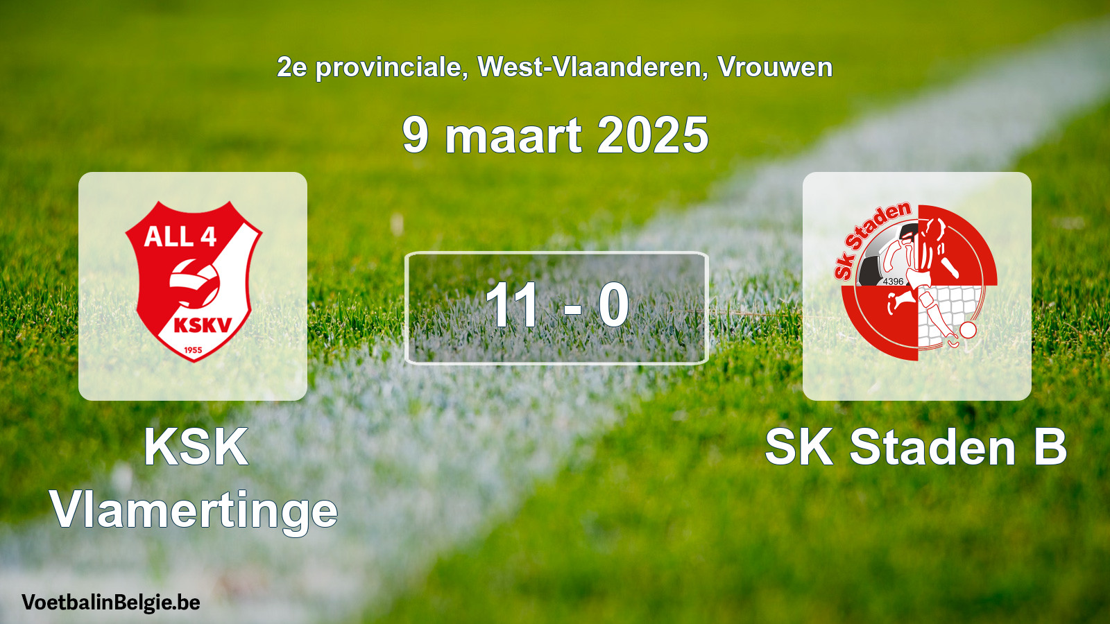 Gespeelde wedstrijd vrouwenvoetbal: KSK Vlamertinge - SK Staden B 11 - 0 (9 maart 2025)