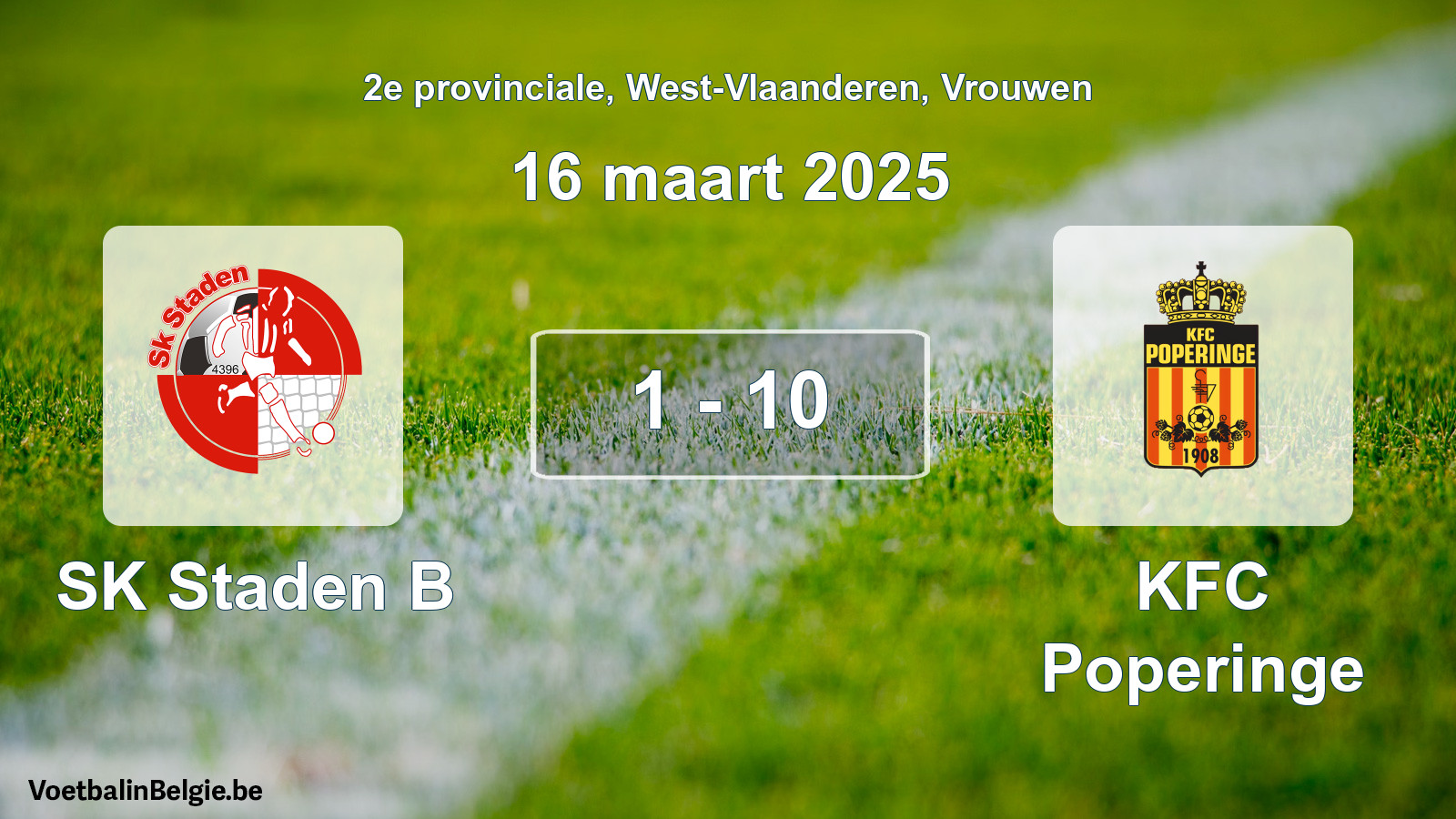 Gespeelde wedstrijd vrouwenvoetbal: SK Staden B - KFC Poperinge 1 - 10 (16 maart 2025)