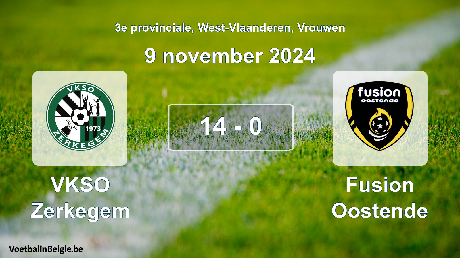 Gespeelde wedstrijd vrouwenvoetbal: VKSO Zerkegem - Fusion Oostende 14 - 0 (9 november 2024)