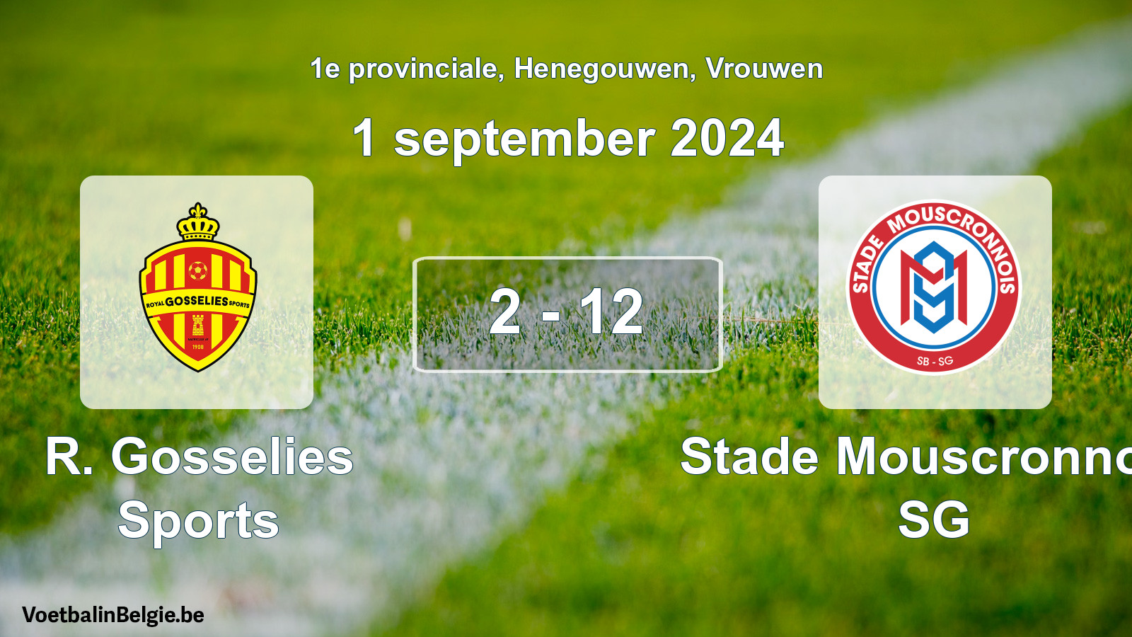 Gespeelde wedstrijd vrouwenvoetbal: R. Gosselies Sports - Stade Mouscronnois SG 2 - 12 (1 september 2024)