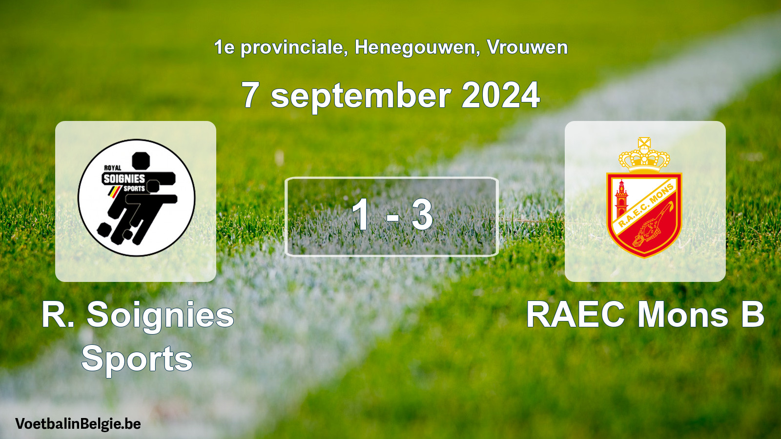 Gespeelde wedstrijd vrouwenvoetbal: R. Soignies Sports - RAEC Mons B 1 - 3 (7 september 2024)