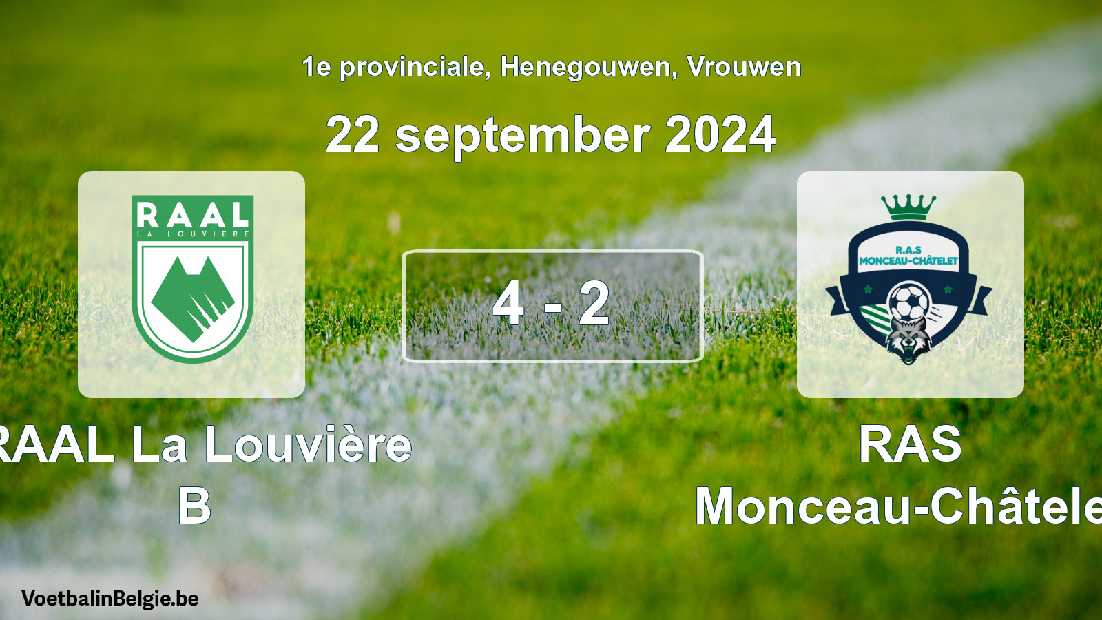 Gespeelde wedstrijd vrouwenvoetbal: RAAL La Louvière B - RAS Monceau-Châtelet 4 - 2 (22 september 2024)