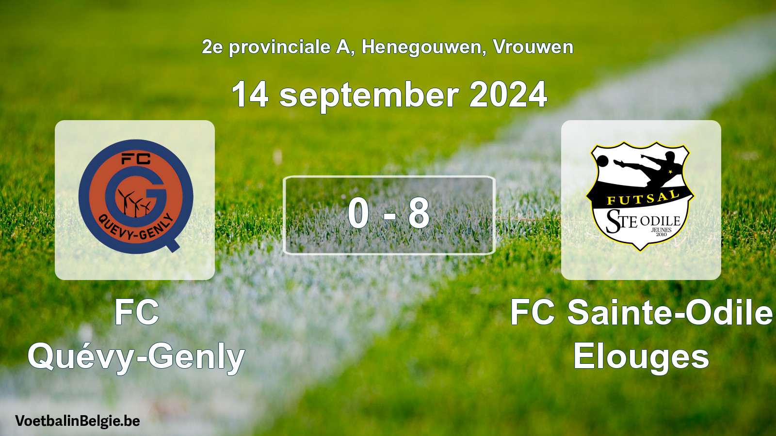 Gespeelde wedstrijd vrouwenvoetbal: FC Quévy-Genly - FC Sainte-Odile Elouges 0 - 8 (14 september 2024)