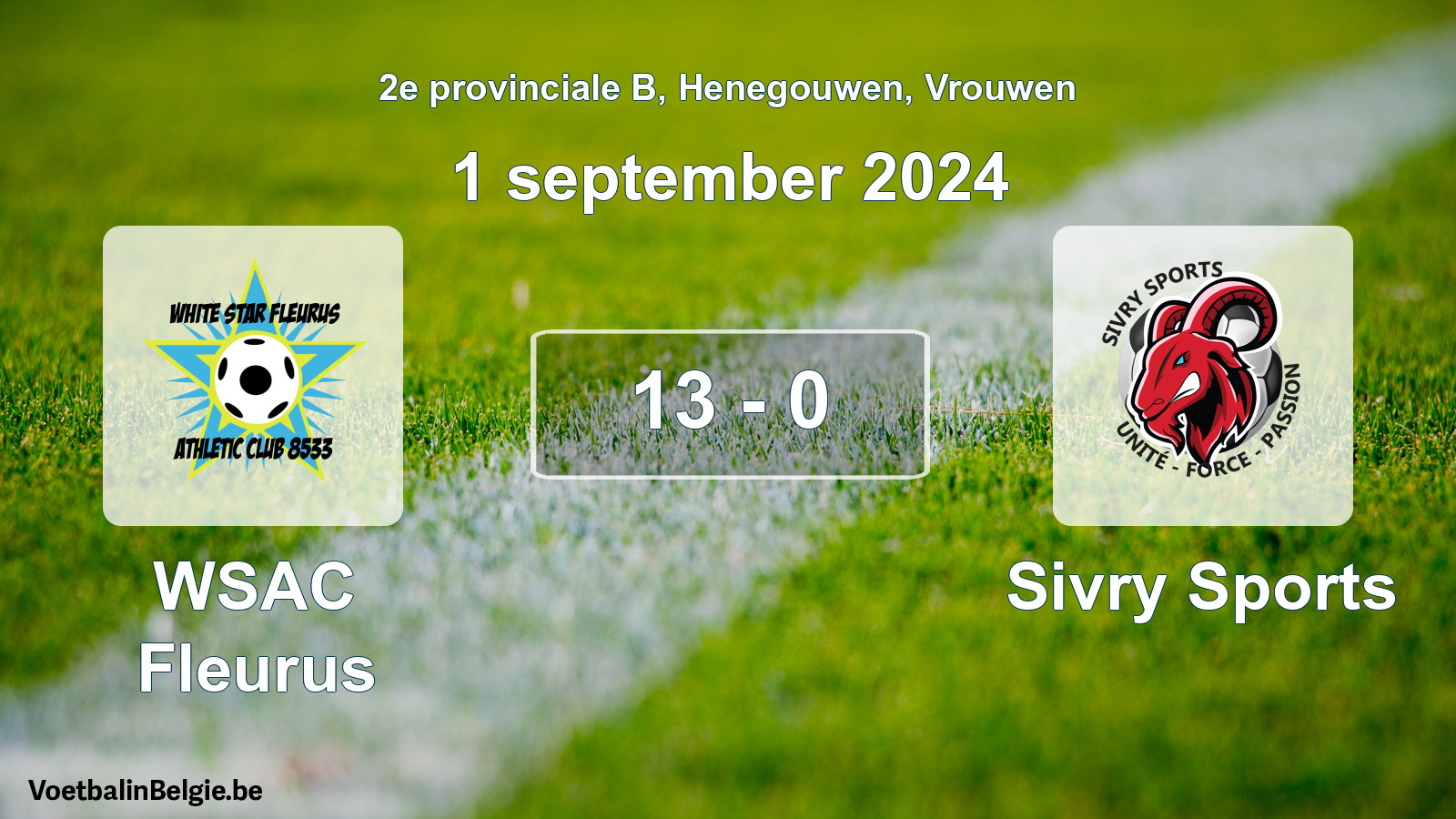 Gespeelde wedstrijd vrouwenvoetbal: WSAC Fleurus - Sivry Sports 13 - 0 (1 september 2024)