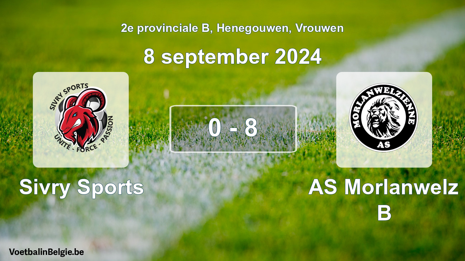 Gespeelde wedstrijd vrouwenvoetbal: Sivry Sports - AS Morlanwelz B 0 - 8 (8 september 2024)