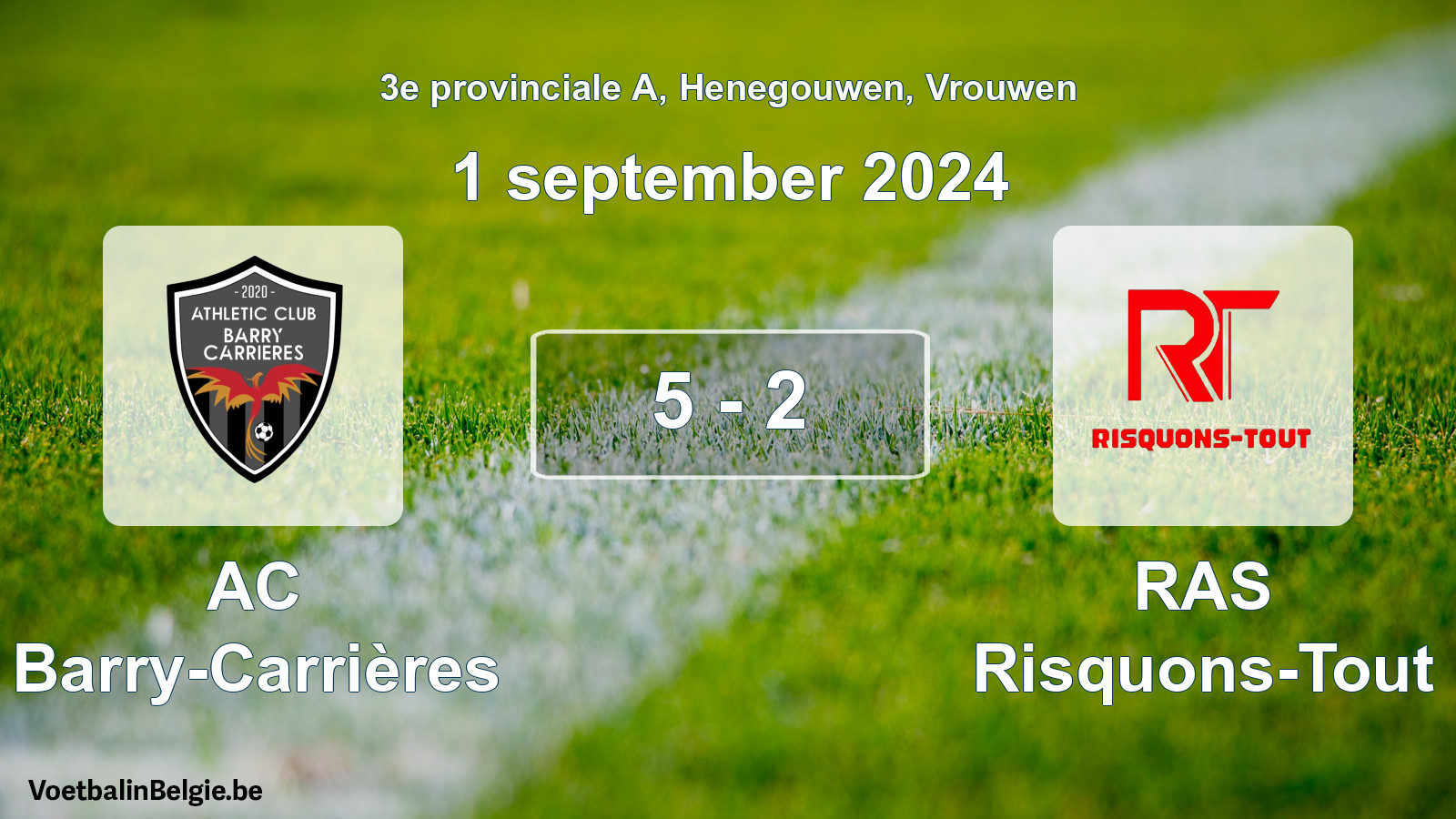 Gespeelde wedstrijd vrouwenvoetbal: AC Barry-Carrières - RAS Risquons-Tout 5 - 2 (1 september 2024)