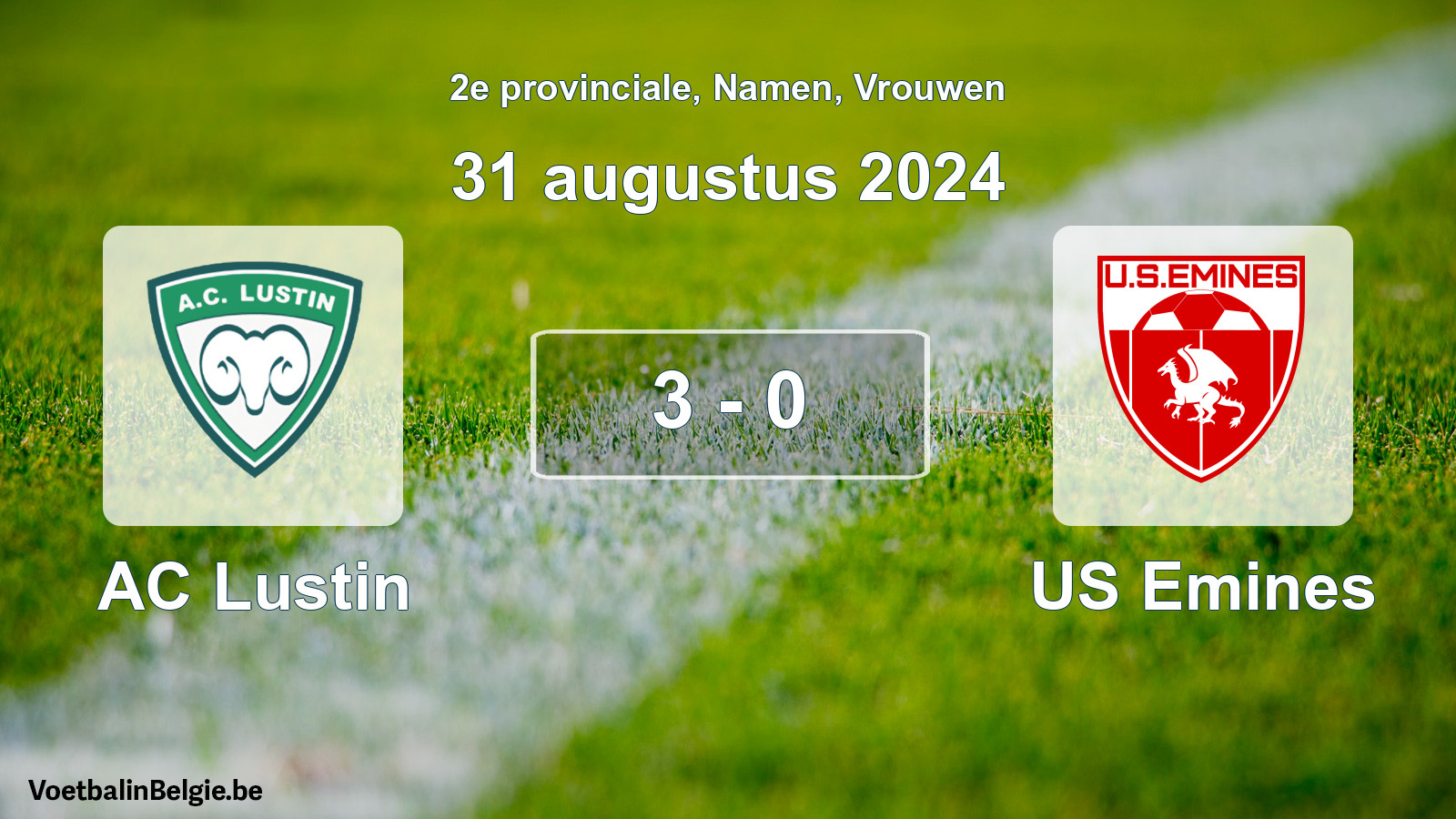 Gespeelde wedstrijd vrouwenvoetbal: AC Lustin - US Emines 3 - 0 (31 augustus 2024)